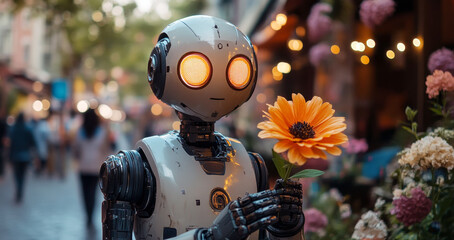 Poster - A humanoid robot gently holds a flower in a vibrant outdoor setting, surrounded by blooming plants and warm light, evoking a peaceful atmosphere.