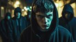 © Ellionn - Gang of dangerous teenage boys bandits stands in dark alley. Group of hooded men. Crime and stealth. Evil guys in hoods. Thief, criminal teens. Theft, offender. Bad company, bunch of hooligans.