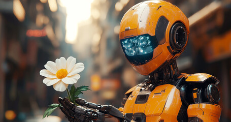 Poster - A humanoid robot stands in an urban environment, delicately holding a blossom while conveying a message of peace and humanity amidst a bustling backdrop.