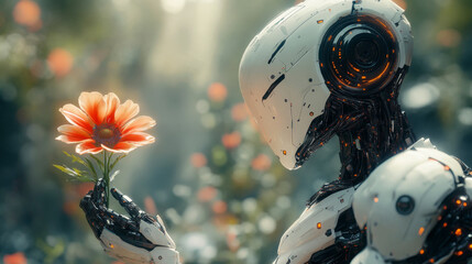Poster - A humanoid robot gently holds a vibrant flower, reflecting a moment of peaceful connection with nature in a sunlit garden.