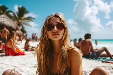 Wall Mural - A young woman with long blonde hair and sunglasses, sitting on the beach surrounded by friends as they sunbathe
