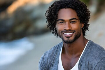 Wall Mural - A Black man with curly hair, wearing a gray shirt and white tank top