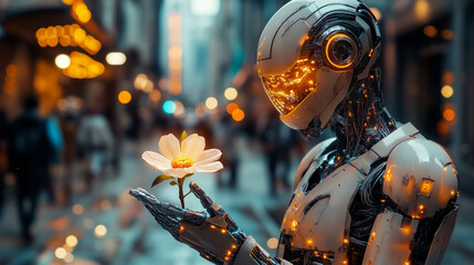 Poster - A humanoid robot stands in a vibrant city, gently cradling a delicate flower while surrounded by people and lights, symbolizing peace and connection with nature.
