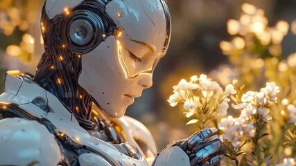 Poster - In a tranquil garden at golden hour, a cyborg gently cradles a bouquet, highlighting the bond between nature and technology, and evoking deep emotions through its design.