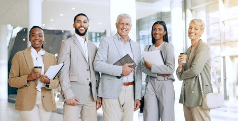 Poster - Diversity, business people in portrait and smile with team at office, corporate lawyer group and happy working together. Collaboration, career with men and women at professional law firm for meeting