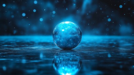 Wall Mural - glowing blue orb sits reflecting on reflective watery surface