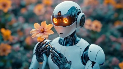 Poster - A cyborg is gently holding a delicate flower, surrounded by vibrant blooms in a lush garden. This moment reflects the blend of technology and humanity, showcasing emotional resonance and beauty.
