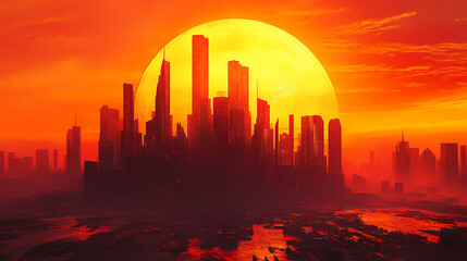 Wall Mural - melting cityscape, surreal cityscape, melting buildings, oversized sun, futuristic, dreamlike, surre