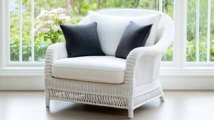 Wall Mural - Wicker armchair sits beside a white table featuring a vase of eucalyptus and flowers, illuminated by bright natural light from the window