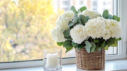 Wall Mural - Candle beside a hydrangea bouquet on a window sill brings warmth and tranquility to a bright and inviting space