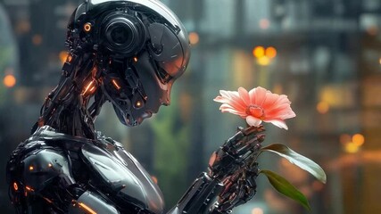 Poster - A hybrid robotic figure gently holds a vibrant flower, showcasing a unique blend of technology and nature.