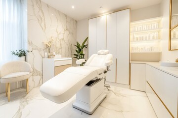 Poster - Elegant minimalist beauty studio with modern treatment chair and serene atmosphere for skincare sessions. Generative AI