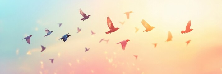 Aufkleber - Flock of birds takes flight during a colorful sunset over an open natural landscape. Generative AI