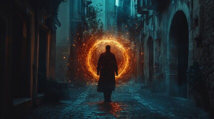 Wall Mural - Magician casting a glowing protective shield in a dark alley