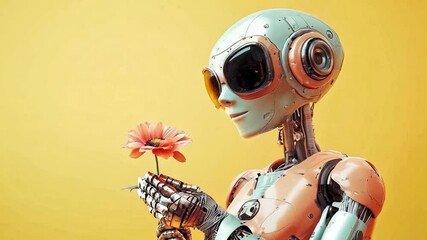 Poster - A cyborg stands in front of a bright yellow background, gently holding a flower. This robotic hybrid embodies a blend of technology and human emotion, representing love and connection.