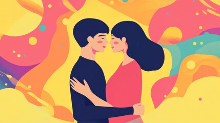 Aufkleber - Couple embracing each other in a colorful, abstract background while expressing love and connection. Generative AI