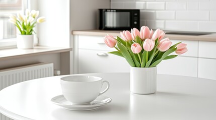 Wall Mural - Bright and stylish kitchen showcases white furniture and pink tulips on a wooden table, enhanced by natural light and soft focus