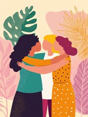 Poster - Three friends share a warm embrace among colorful plants in a joyful atmosphere. Generative AI