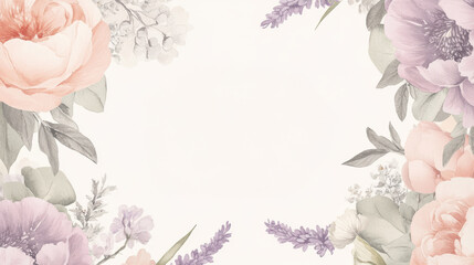 Wall Mural - A beautiful mix of roses, peonies, and lavender in soft pink and cream tones. The elegant composition radiates grace and beauty against a light cream background, enhancing tranquility