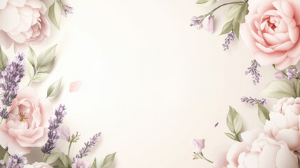 Wall Mural - A beautiful mix of roses, peonies, and lavender in soft pink and cream tones. The elegant composition radiates grace and beauty against a light cream background, enhancing tranquility