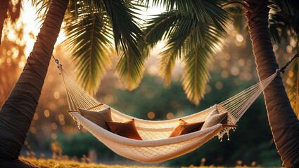 Wall Mural - relaxing in a hammock beneath palm trees at sunset in a serene tropical setting