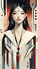 Wall Mural - serene digital portrait of a woman with geometric abstract background