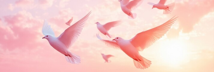 Poster - Doves soaring during a beautiful pastel sunset over a tranquil landscape in a serene environment. Generative AI