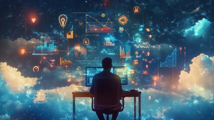 Man working on computer amidst holographic data visualizations in a cloudy sky.