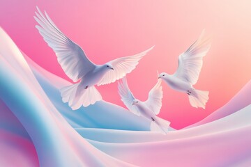 Poster - Elegant white doves flying gracefully above soft pastel waves in a serene sunset sky. Generative AI