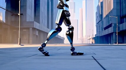 Poster - A sleek robot strides along a wide street in a vast, modern city, surrounded by towering skyscrapers. The atmosphere conveys a sense of solitude and technological advancement in the daytime.