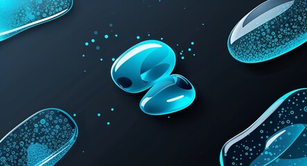 Wall Mural - cyan transparent surfaces abstract cartoon on plain dark black background illustration