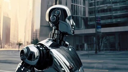 Poster - A sleek, metallic robot strolls down a quiet city street as the dusk light casts reflections off its surface. Surrounding skyscrapers loom, accentuating a sense of isolation and futurism.