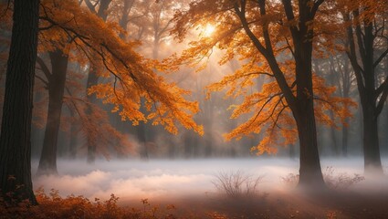 Wall Mural - autumn morning light filters through misty forest with vibrant orange leaves