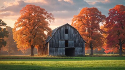 Wall Mural - charming rustic barn surrounded by vibrant autumn trees at sunset in a peaceful countryside setting