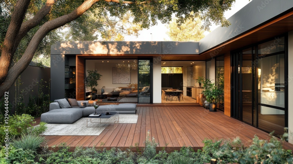 Decks, patios, and courtyards were added to the renovation of a modern ...