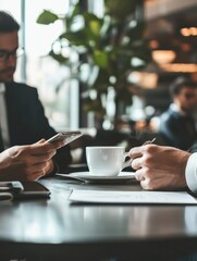 Poster - Business meeting in a modern cafe with colleagues discussing ideas and checking smartphones in a busy urban setting. Generative AI