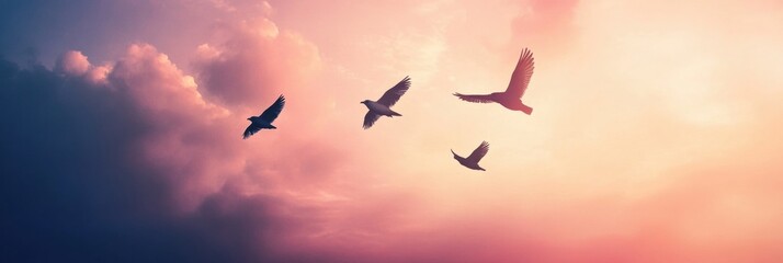 Poster - Birds flying across a vibrant sky during sunset with colorful clouds in the background. Generative AI