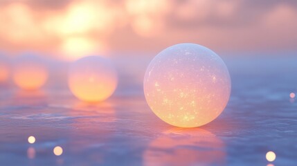 Wall Mural - Glowing spheres are arranged across a surface in soft light