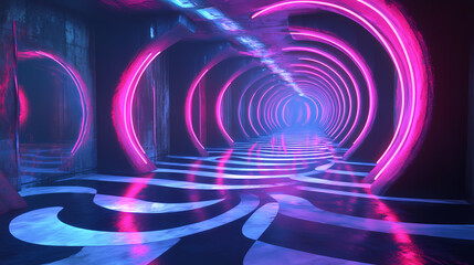 Wall Mural - psychedelic mirror maze with swirling floor and neon lights. infinity mirror corridor. illustration