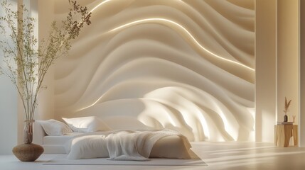 Wall Mural - Minimalist Levanto bedroom featuring soft gradient wave walls, concealed LED strips, and a tranquil atmosphere. 3D rendering