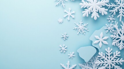 Fototapete - Snowflakes and decorative shapes on a light blue background creating a winter wonderland feel during the holiday season. Generative AI