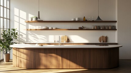 Wall Mural - Minimalist Scandinavian kitchen featuring elegant curved walnut shelves, warm LED lighting, and sunlit interiors. 3D rendering