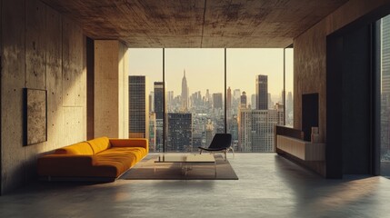 Wall Mural - Minimalist urban loft living room with concrete walls, stylish furniture, and large windows overlooking the city skyline. 3D rendering