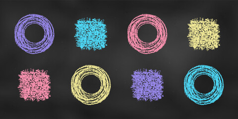 Wall Mural - Realistic Chalk Drawn Sketch. Set of Design Elements Abstract Scribbles Isolated on Chalkboard Backdrop.