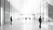 © lestari - Modern building hallway, people walking, glass walls, bright interior, corporate architecture
