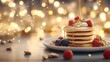 © Phurichai - Delicious fluffy pancakes topped with fresh berries, honey drizzle, and nuts on a festive table setting