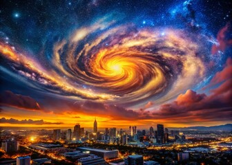 Wall Mural - Galactic Spiral Nebula Illuminates Night Sky Above Cloud-Capped Cityscape