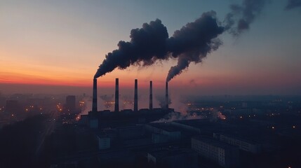 Poster - Smoke billows from industrial smokestacks against a vibrant sunset over a city skyline. Generative AI