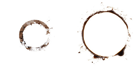 Aufkleber - Isolated coffee stains on a transparent background in a high-quality royalty-free stock PNG image. Coffee and Tea Stains Left by Cup Bottoms. Round coffee stain isolated, cafe stain fleck drink