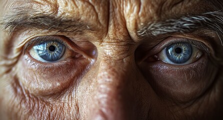 Wall Mural - Close-up of the eyes and face, focusing on the wrinkles around them. The subject is an elderly man with blue-gray eyes. 